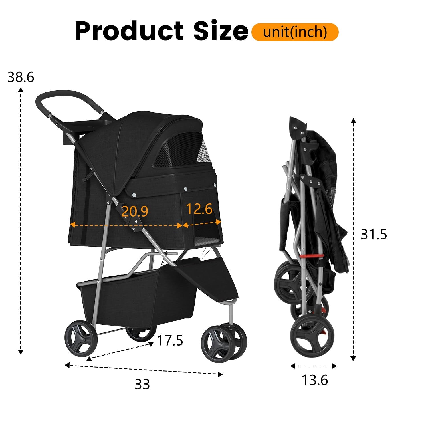 Lightweight 3-Wheel Pet Stroller - Foldable, Waterproof & Mesh-Breathable (Black) 🐾🖤