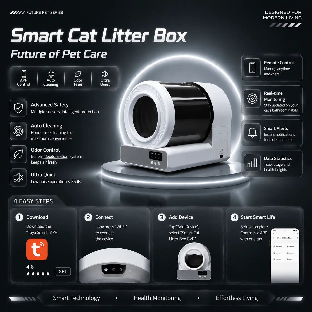 Pawtech Smart Auto-Cleaning Cat Litter Box - Whisper-Quiet, App-Controlled, 60L Capacity with Safety Sensors for Effortless Maintenance