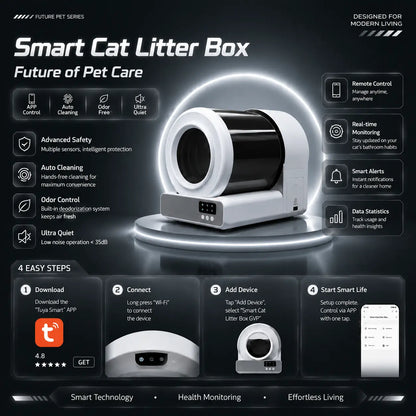 Pawtech Smart Auto-Cleaning Cat Litter Box - Whisper-Quiet, App-Controlled, 60L Capacity with Safety Sensors for Effortless Maintenance