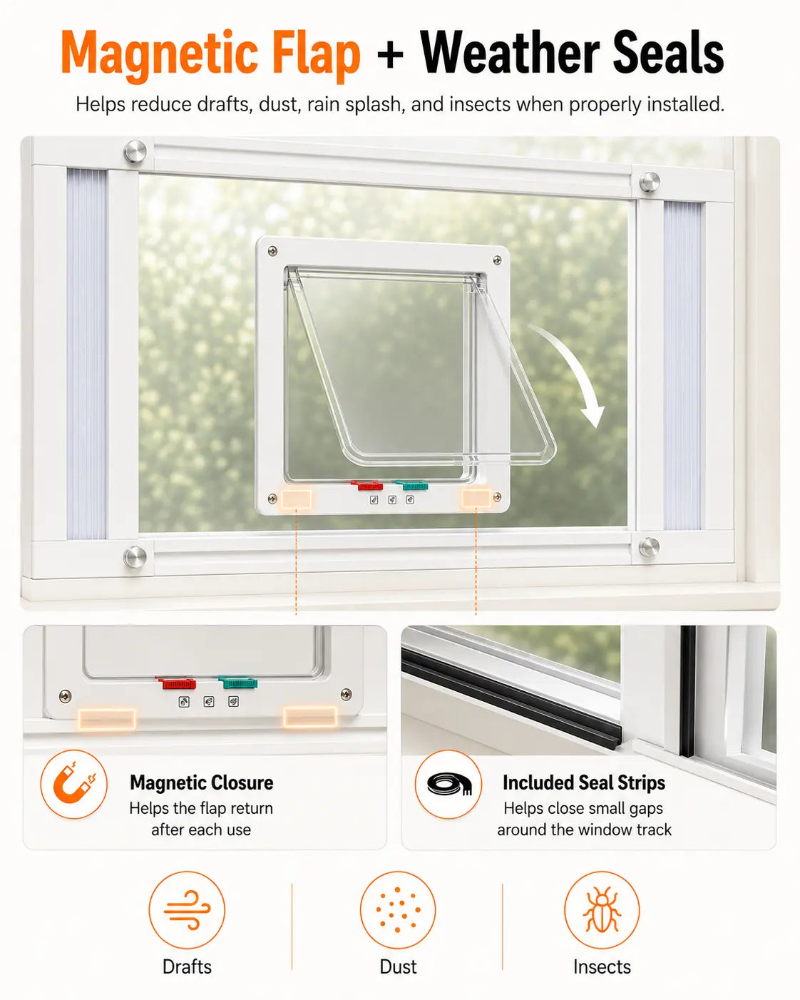 Jubitail No-Drill Cat Door Insert for Vertical Sash Windows – Easy Access for Cats (Fits 23.5–37.5 In)