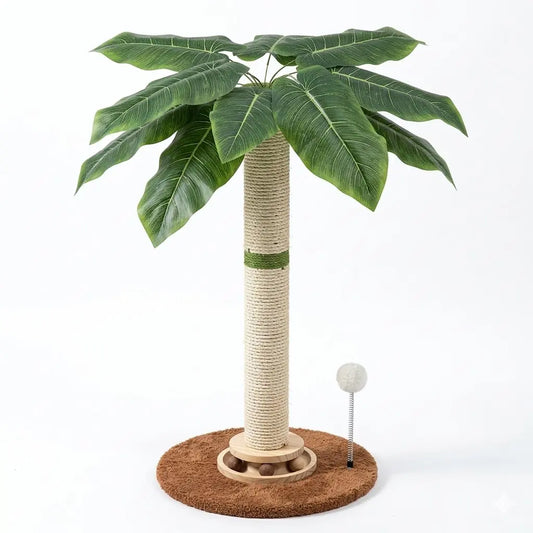 Tropical Leaf Cat Scratching Post - 28” Natural Sisal Rope & Solid Wood, Adorable Cat Tree with Dangling Toy for Safe Indoor Scratching for Kittens & Adults