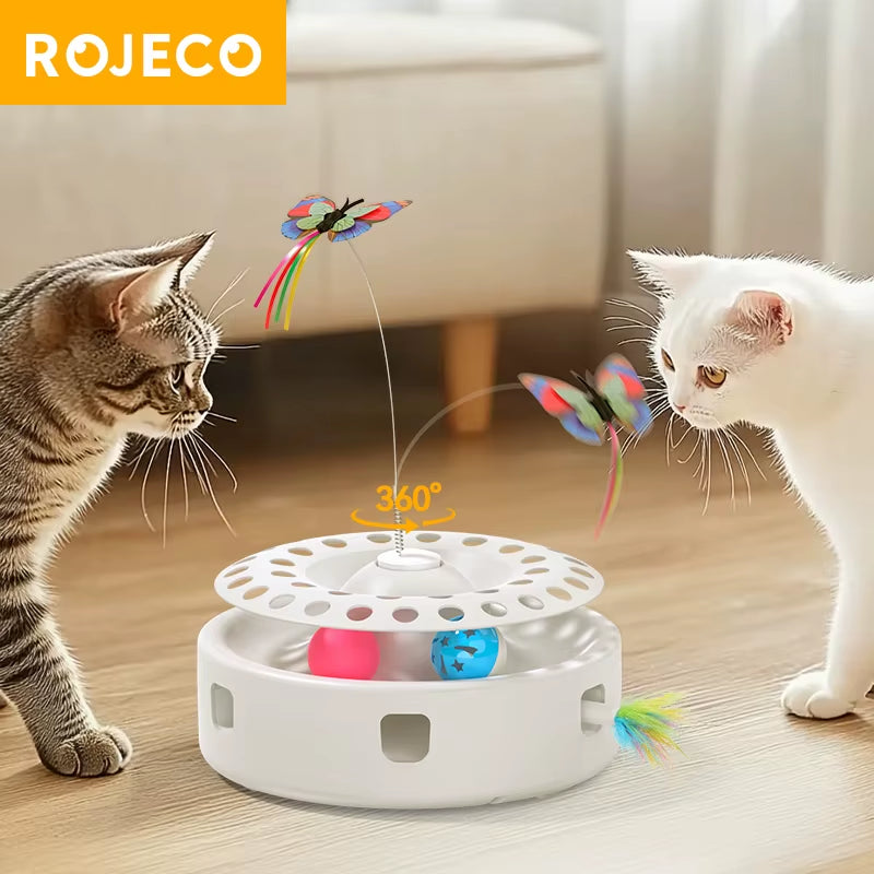 3‑in‑1 Automatic Cat Toy 🦋 Feather Ambush + Track Balls + Fluttering Butterfly