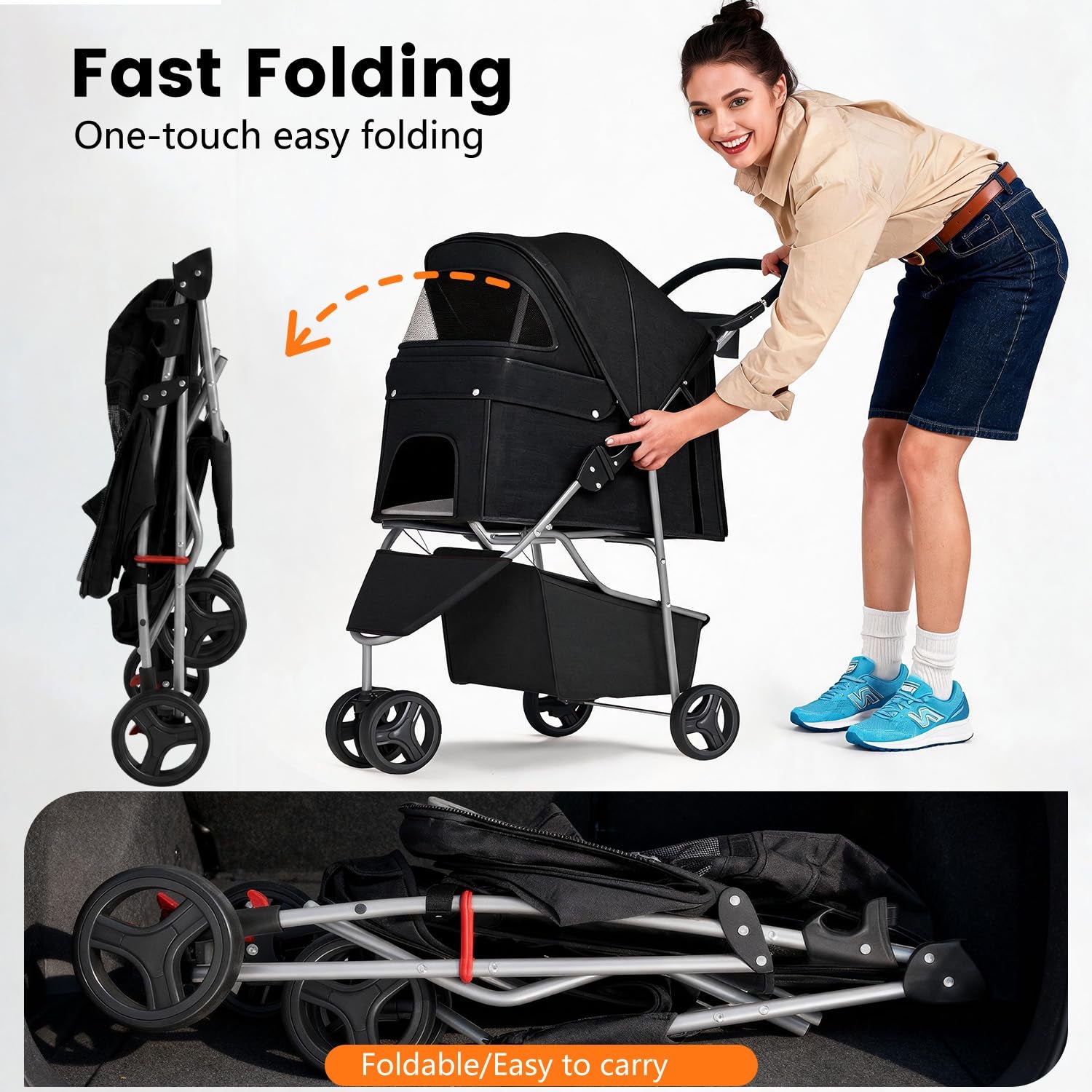 Lightweight 3-Wheel Pet Stroller - Foldable, Waterproof & Mesh-Breathable (Black) 🐾🖤