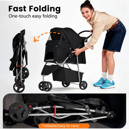 Lightweight 3-Wheel Pet Stroller - Foldable, Waterproof & Mesh-Breathable (Black) 🐾🖤