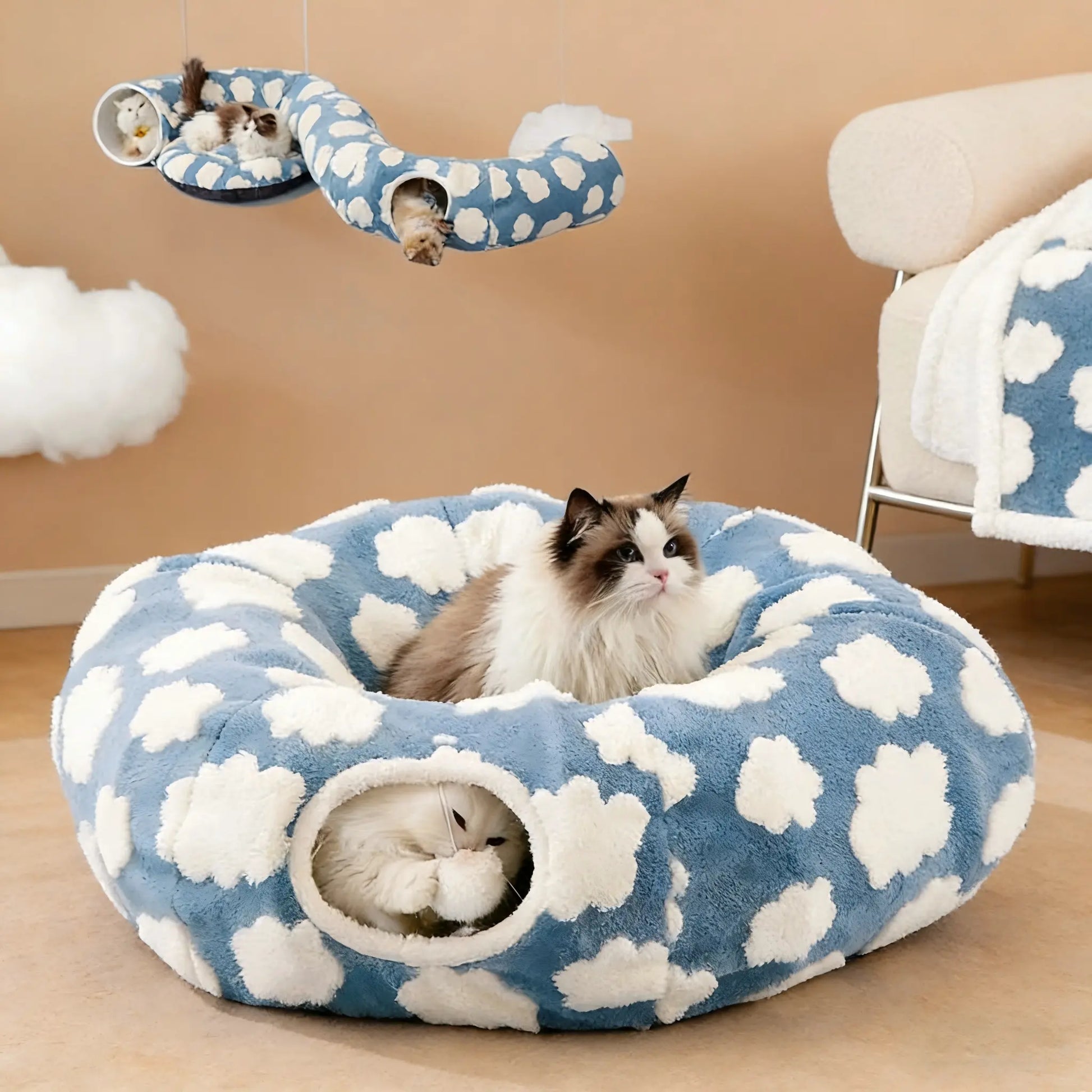 Cozy Cute Pet Tunnel Bed with Blanket - Plush Peek-A-Boo Cave for Dogs & Cats of All Sizes