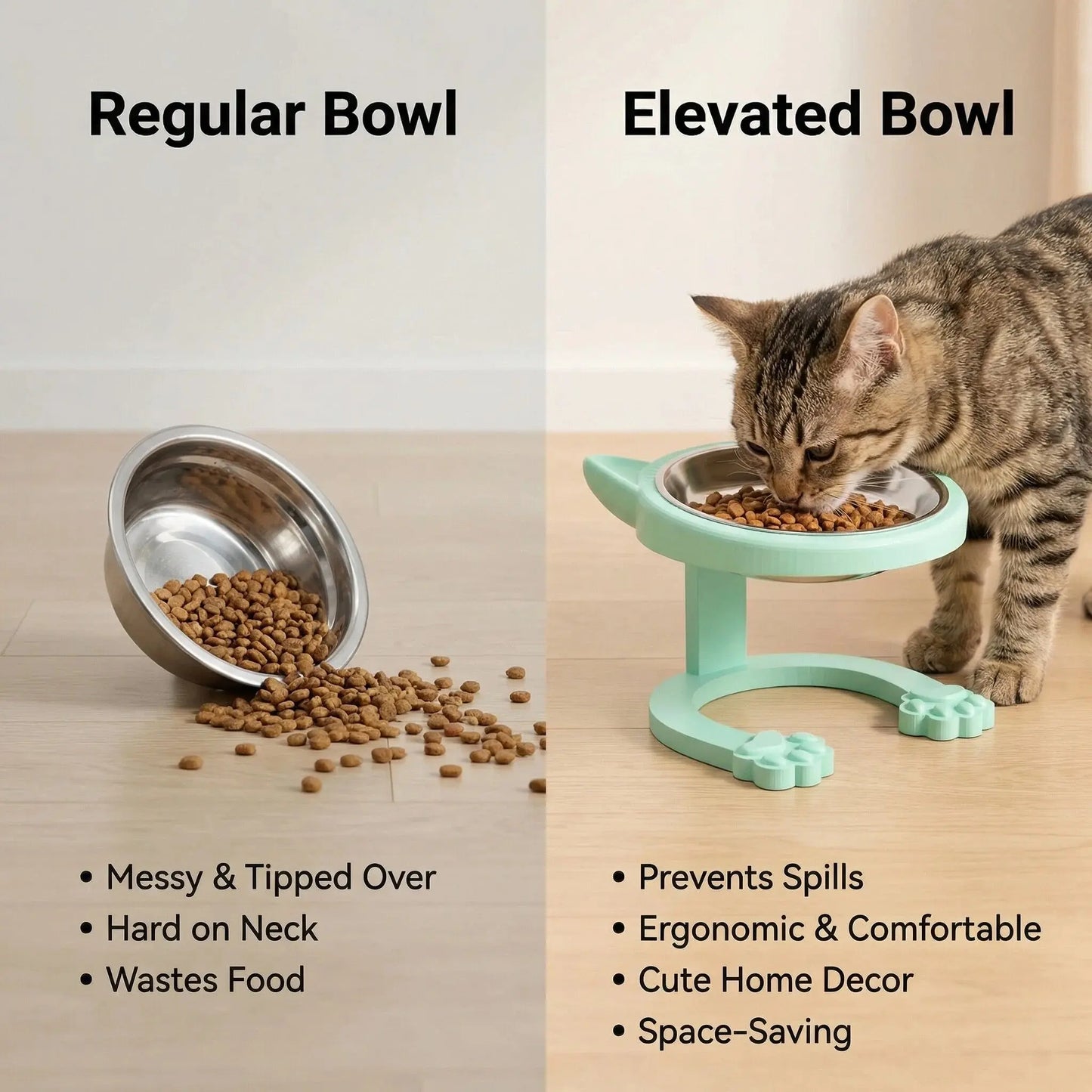 Elevated Stainless Steel Cat Bowl with Anti-Slip Stand - Whisker Friendly Feeder for Senior Cats and Small Puppies - Easy Clean & Portable Design