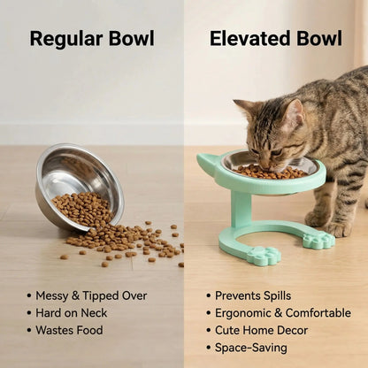 Elevated Stainless Steel Cat Bowl with Anti-Slip Stand - Whisker Friendly Feeder for Senior Cats and Small Puppies - Easy Clean & Portable Design