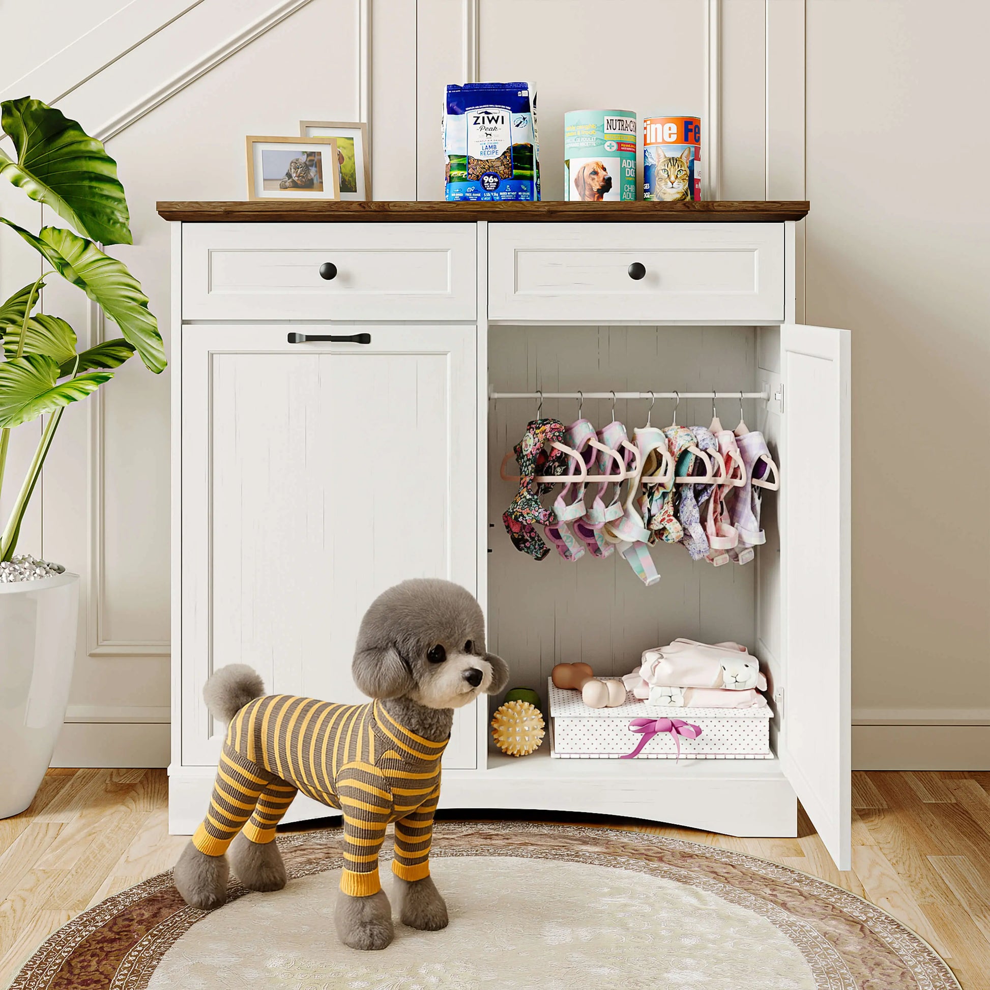 Elevate Mealtime with the Summervibes Engineered Wood Pet Feeding Station - Stylish Cabinet with Dual Tiltable Doors & 4 Bowls for Instant Access
