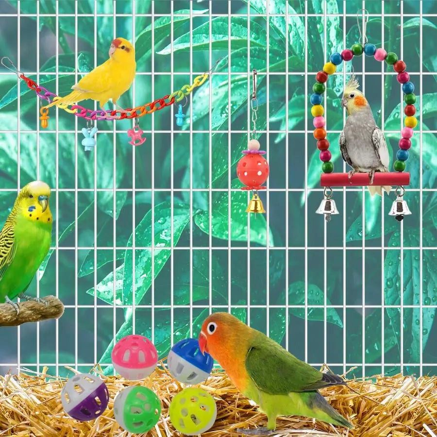 Vibrant Parrot Playtime Set - 13 Fun Bird Toys Including Swing, Perch, Bell & Hammock - Perfect for Parakeets!