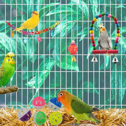 Vibrant Parrot Playtime Set - 13 Fun Bird Toys Including Swing, Perch, Bell & Hammock - Perfect for Parakeets!