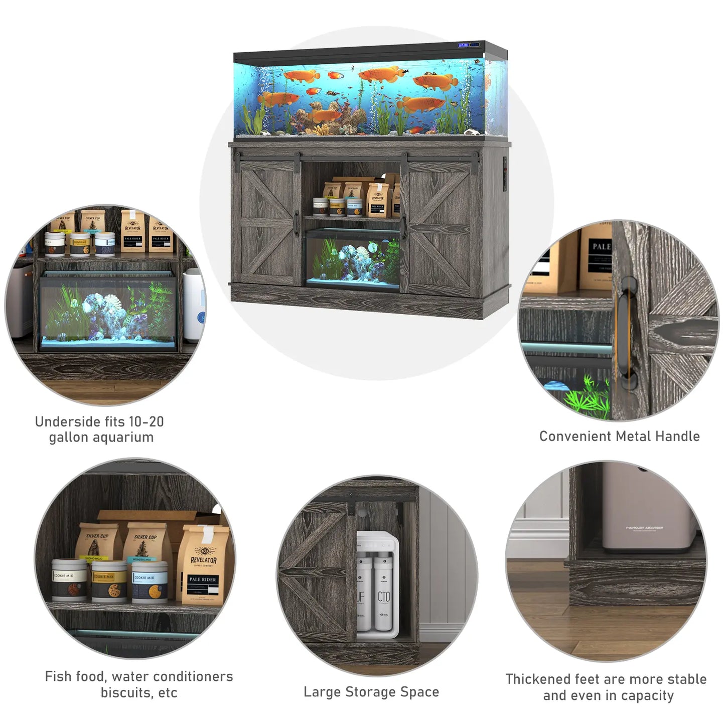 Stylish Farmhouse Aquarium Stand with Power Outlet - Heavy Duty 20 to 120 Gallon Fish Tank & Reptile Tank Cabinet with Sliding Barn Door in White, Grey, or Black