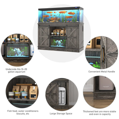 Stylish Farmhouse Aquarium Stand with Power Outlet - Heavy Duty 20 to 120 Gallon Fish Tank & Reptile Tank Cabinet with Sliding Barn Door in White, Grey, or Black