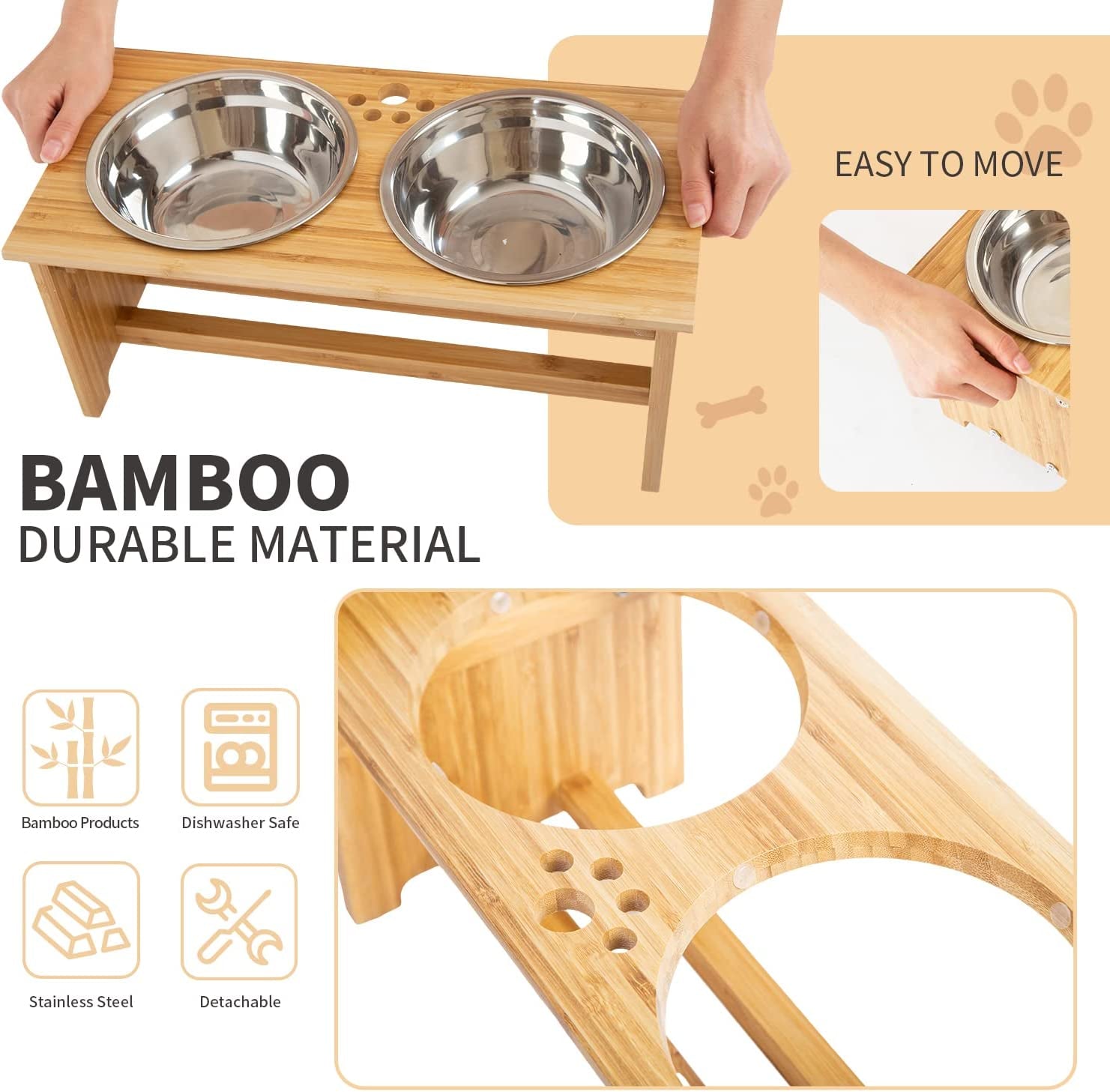 Elevated Bamboo Dog Feeder 🍽️🐾 Raised Stand w/ 2 Stainless Bowls – Anti‑Slip