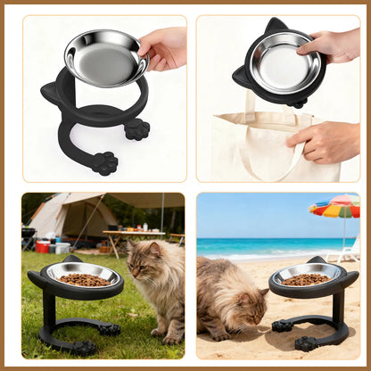 Elevated Stainless Steel Cat Bowl with Anti-Slip Stand - Whisker Friendly Feeder for Senior Cats and Small Puppies - Easy Clean & Portable Design