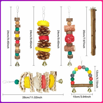 Delight Your Small Parrots with 7 Piece Natural Wood Bird Toy & Perch Set - Perfect for Parakeets, Cockatiels, Lovebirds & Budgies!