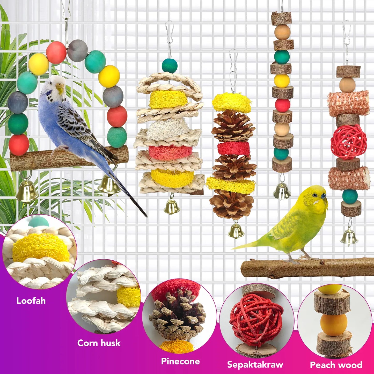 Delight Your Small Parrots with 7 Piece Natural Wood Bird Toy & Perch Set - Perfect for Parakeets, Cockatiels, Lovebirds & Budgies!