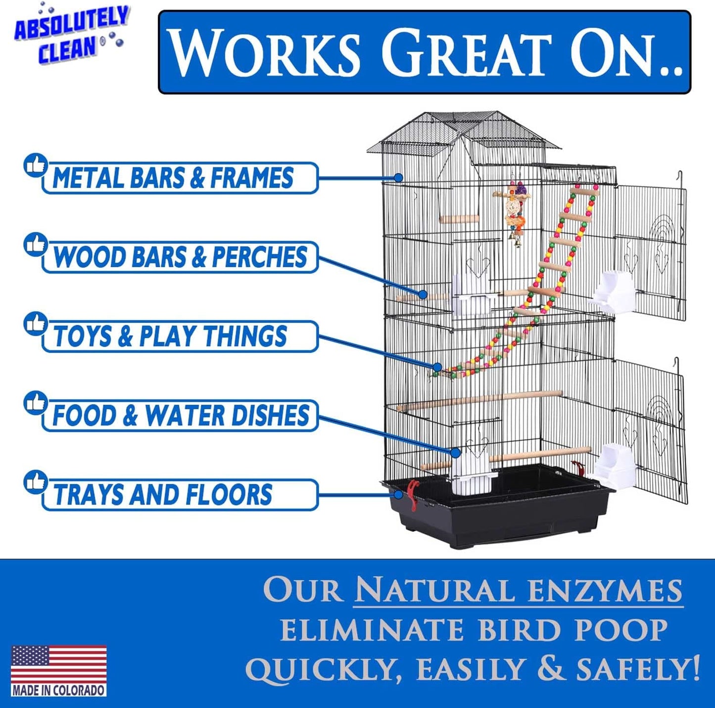 Absolutely Clean Bird Cage Cleaner 🐦✨ Enzyme Poop Remover & Odor Eliminator 16oz
