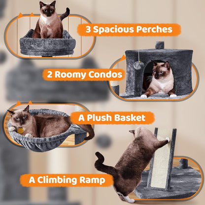 Yaheetech 68.5" Large Cat Tree Tower - Stable Multi-Level Cat House with 3 Wide Perches, Spacious Condo, and Sisal-Covered Scratching Posts - Dark Gray