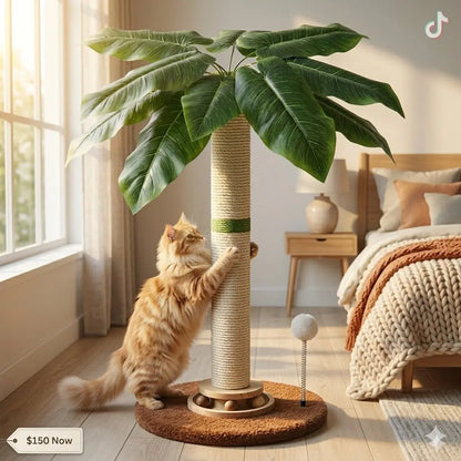 Tropical Leaf Cat Scratching Post - 28” Natural Sisal Rope & Solid Wood, Adorable Cat Tree with Dangling Toy for Safe Indoor Scratching for Kittens & Adults