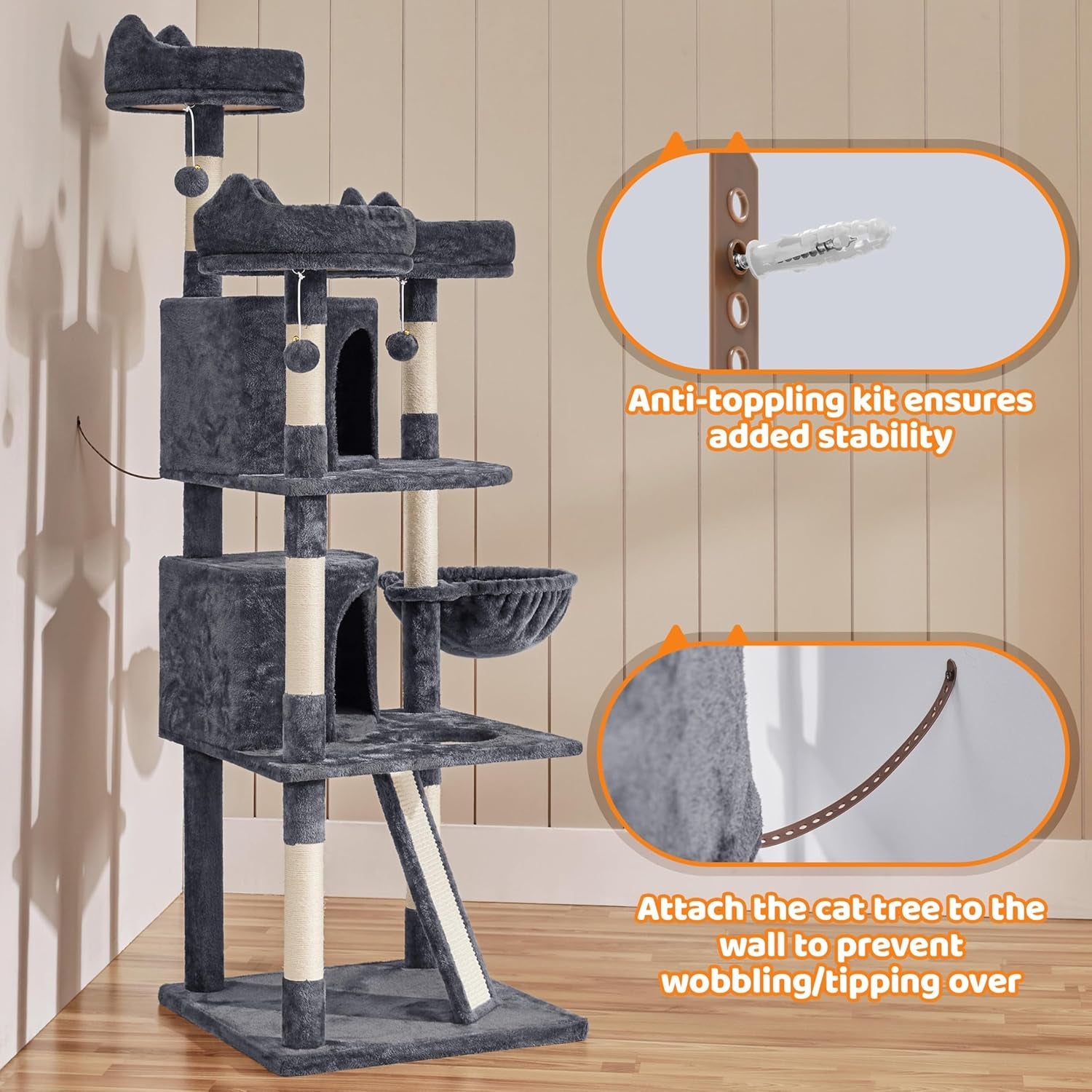 Yaheetech 68.5" Large Cat Tree Tower - Stable Multi-Level Cat House with 3 Wide Perches, Spacious Condo, and Sisal-Covered Scratching Posts - Dark Gray