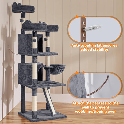 Yaheetech 68.5" Large Cat Tree Tower - Stable Multi-Level Cat House with 3 Wide Perches, Spacious Condo, and Sisal-Covered Scratching Posts - Dark Gray
