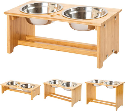 Elevated Bamboo Dog Feeder 🍽️🐾 Raised Stand w/ 2 Stainless Bowls – Anti‑Slip