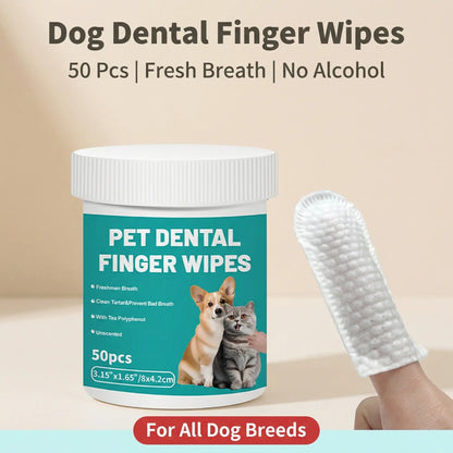 Happy Pup Life Pet Dental Wipes - 50-Count No-Rinse Finger Toothbrush Set for Dogs & Cats - Easy, Gentle Cleaning & Grooming Kit for Healthy Teeth & Ears - Perfect Travel Size