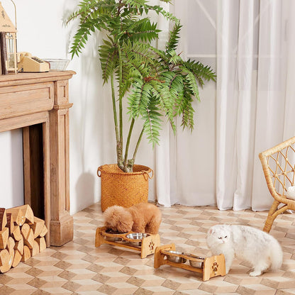 Adjustable Bamboo Elevated Dog Feeder 🐾✨ Non‑Slip, Raised Bowls, Stainless Steel, Digestive‑Friendly