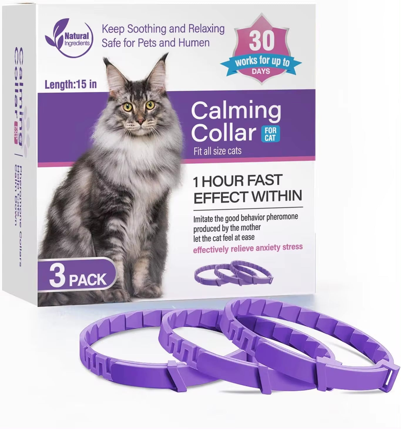 Adjustable calming collars for dogs and cats, 3 pack, designed for anxiety relief with natural ingredients.