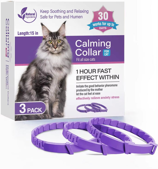 Adjustable calming collars for dogs and cats, 3 pack, designed for anxiety relief with natural ingredients.