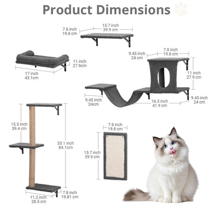 CAVEEN 5-in-1 Wall-Mounted Cat Climbing Set - Perfect Cat Wall Shelves and Perches for Multiple Cats to Play, Sleep, and Lounge