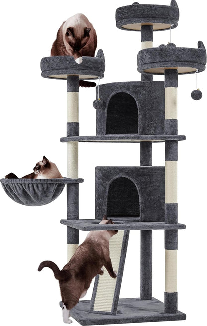 Yaheetech 68.5" Large Cat Tree Tower - Stable Multi-Level Cat House with 3 Wide Perches, Spacious Condo, and Sisal-Covered Scratching Posts - Dark Gray