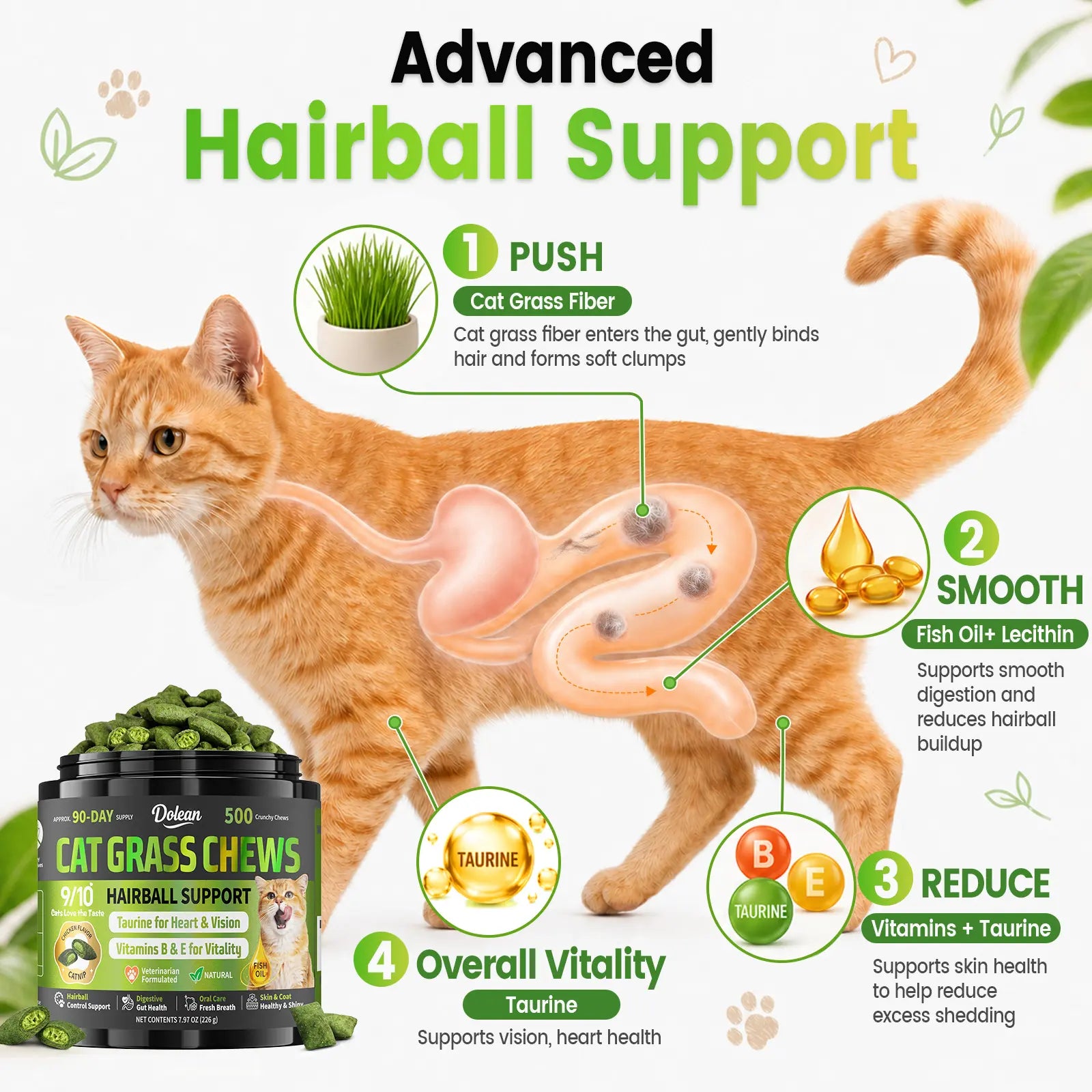 Dolean Cat Grass Chews - Crunchy Chicken Flavor Snack for Hairball Control & Digestive Health, 500 Grain-Free Treats with Essential Vitamins, Fish Oil & Taurine for Healthy Skin, Coat & Teeth