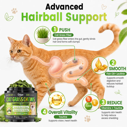 Dolean Cat Grass Chews - Crunchy Chicken Flavor Snack for Hairball Control & Digestive Health, 500 Grain-Free Treats with Essential Vitamins, Fish Oil & Taurine for Healthy Skin, Coat & Teeth