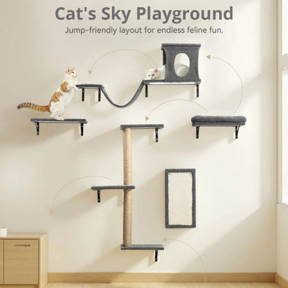 CAVEEN 5-in-1 Wall-Mounted Cat Climbing Set - Perfect Cat Wall Shelves and Perches for Multiple Cats to Play, Sleep, and Lounge