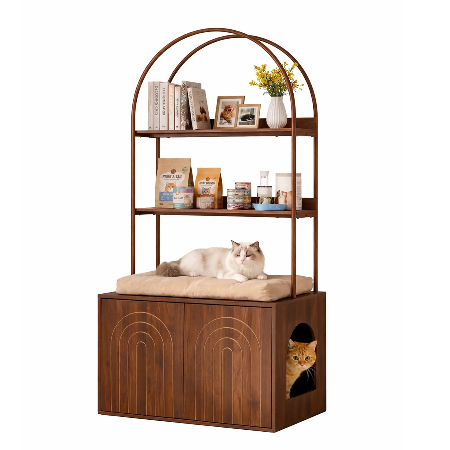 Stylish Walnut Cat Litter Box Enclosure with Shelves – Modern Hidden Cabinet for Your Living Room