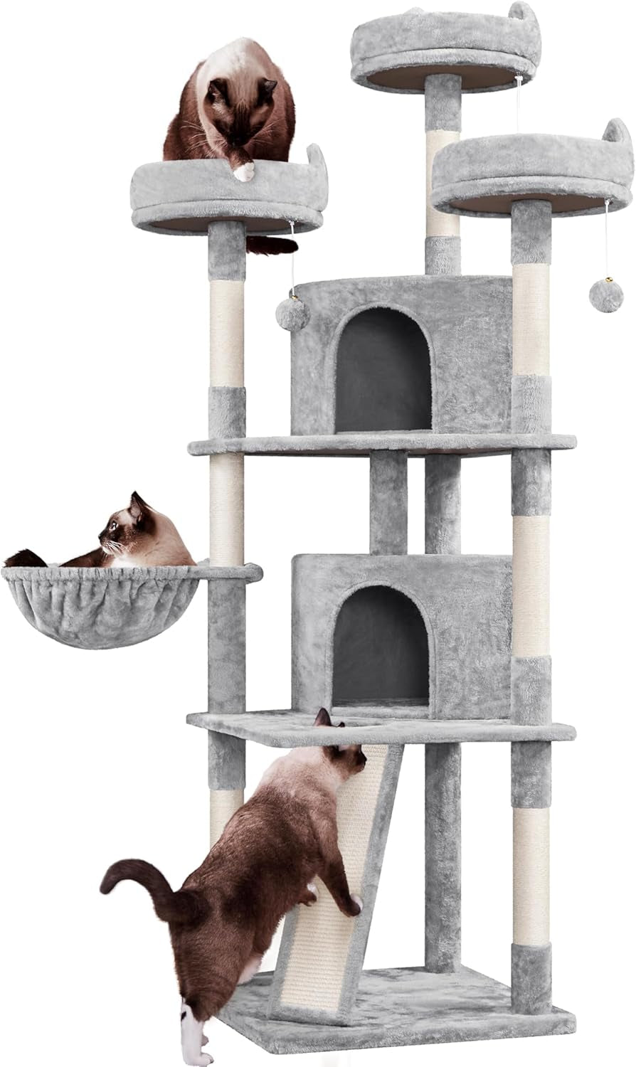 Yaheetech 68.5" Large Cat Tree Tower - Stable Multi-Level Cat House with 3 Wide Perches, Spacious Condo, and Sisal-Covered Scratching Posts - Dark Gray
