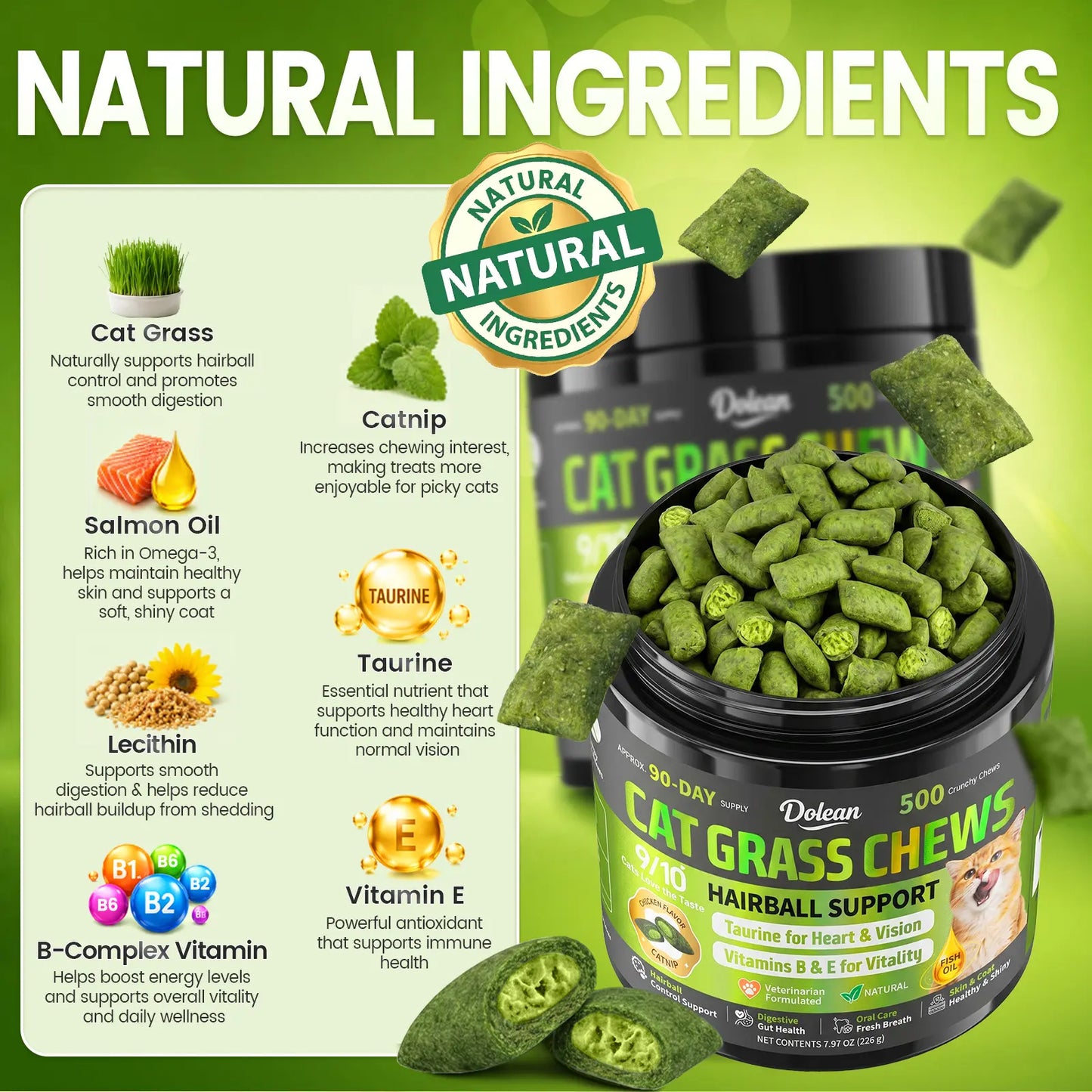 Dolean Cat Grass Chews - Crunchy Chicken Flavor Snack for Hairball Control & Digestive Health, 500 Grain-Free Treats with Essential Vitamins, Fish Oil & Taurine for Healthy Skin, Coat & Teeth