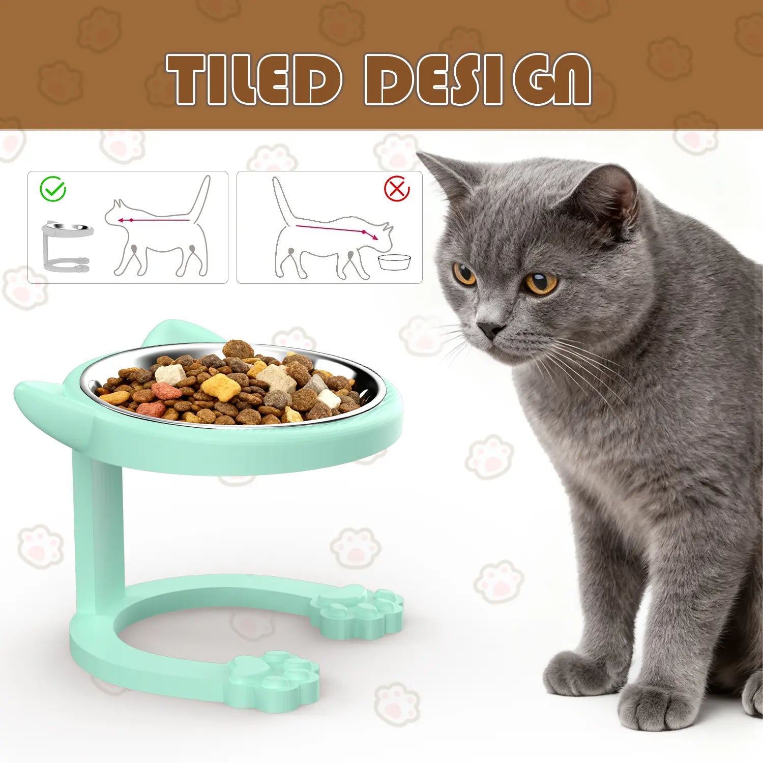 Elevated Stainless Steel Cat Bowl with Anti-Slip Stand - Whisker Friendly Feeder for Senior Cats and Small Puppies - Easy Clean & Portable Design