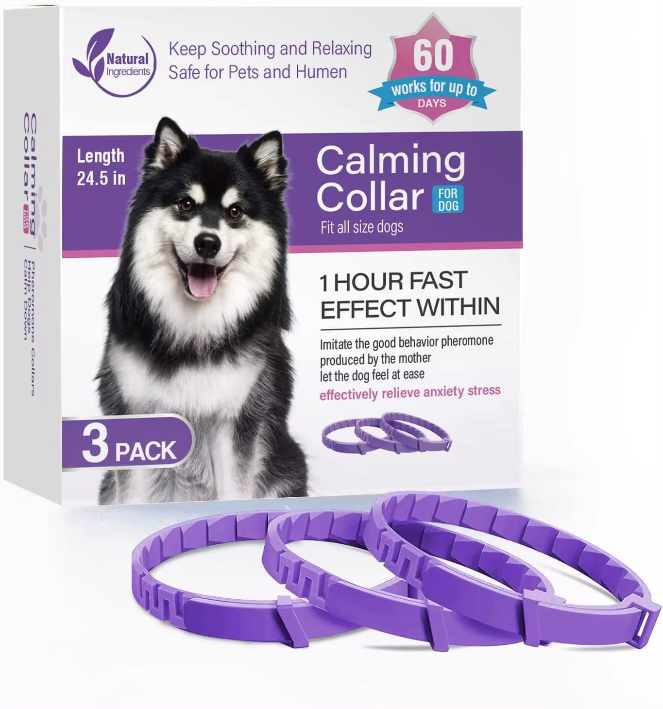 Adjustable Calming Collars – Pheromone Anxiety Relief for Dogs & Cats, 3/4 Pack  