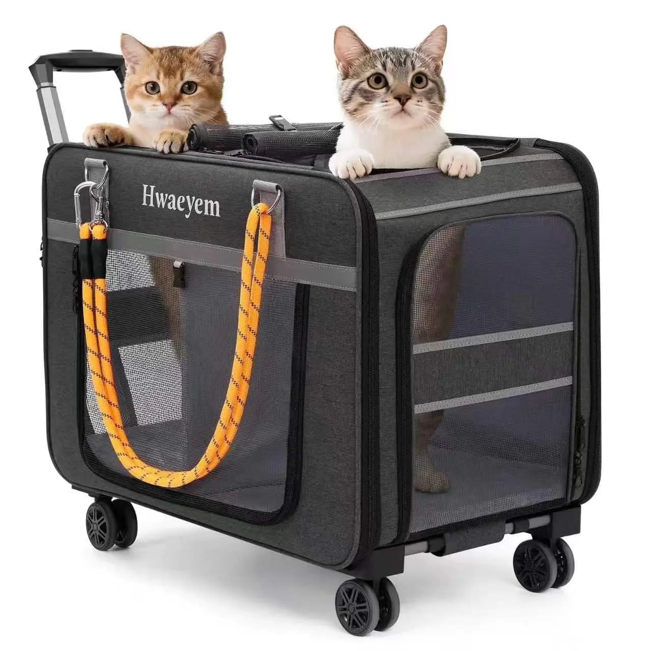 Extra Large Rolling Pet Carrier - Adjustable Height, Airline Approved, Holds Up to 40lbs - Stylish Soft-Sided Black Mesh Travel Bag for Cats & Small Dogs