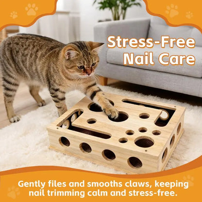 Interactive Cat Scratch Puzzle Box - Stress-Free Nail Care & Engaging Play Toy for All Ages - Durable Oak Design