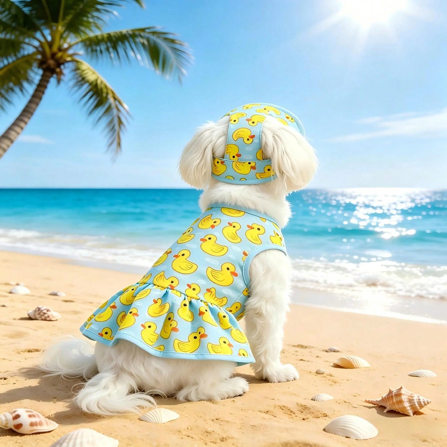 Adorable Blue & Yellow Duck Theme Pet Dress with Hat - Perfect Summer Outfit for Small/Medium Dogs and Cats! Ideal for Beach and Pool Days!