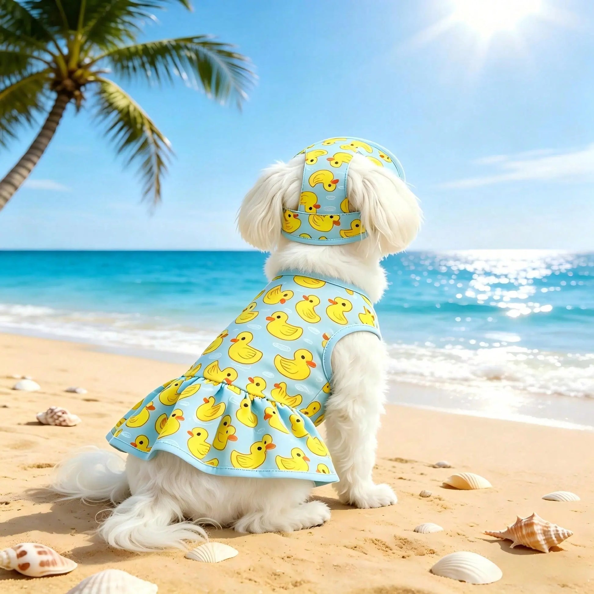 Adorable Blue & Yellow Duck Theme Pet Dress with Hat - Perfect Summer Outfit for Small/Medium Dogs and Cats! Ideal for Beach and Pool Days!