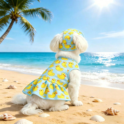 Adorable Blue & Yellow Duck Theme Pet Dress with Hat - Perfect Summer Outfit for Small/Medium Dogs and Cats! Ideal for Beach and Pool Days!