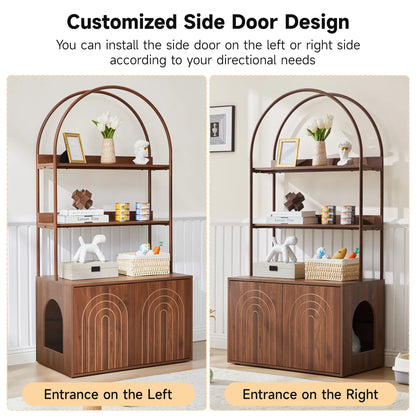 Stylish Walnut Cat Litter Box Enclosure with Shelves – Modern Hidden Cabinet for Your Living Room