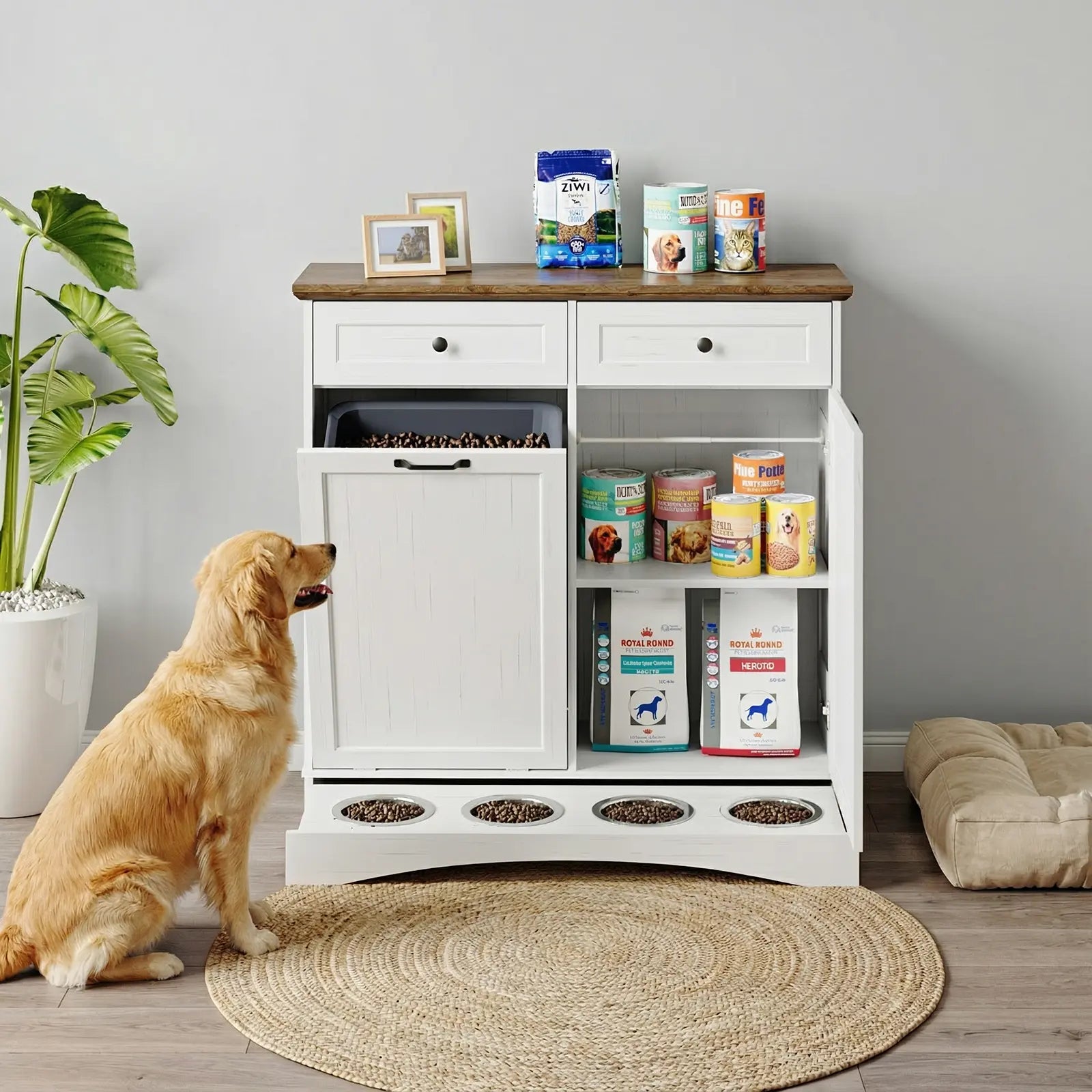 Elevate Mealtime with the Summervibes Engineered Wood Pet Feeding Station - Stylish Cabinet with Dual Tiltable Doors & 4 Bowls for Instant Access