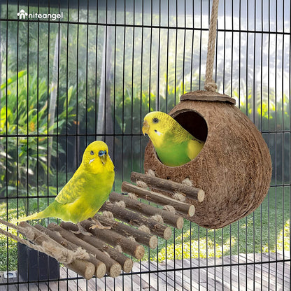 Natural Coconut Hideaway with Ladder - Perfect Toy for Birds and Small Animals!