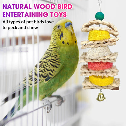 Delight Your Small Parrots with 7 Piece Natural Wood Bird Toy & Perch Set - Perfect for Parakeets, Cockatiels, Lovebirds & Budgies!