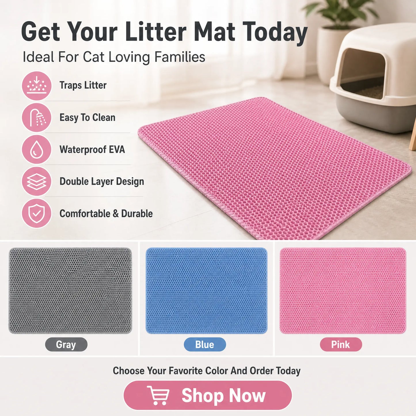 Large Pink Cat Litter Mat - Waterproof Double Layer Honeycomb Design for Effective Litter Trapping, Non-Slip, 35x24 Inches, Perfect for Cat Supplies